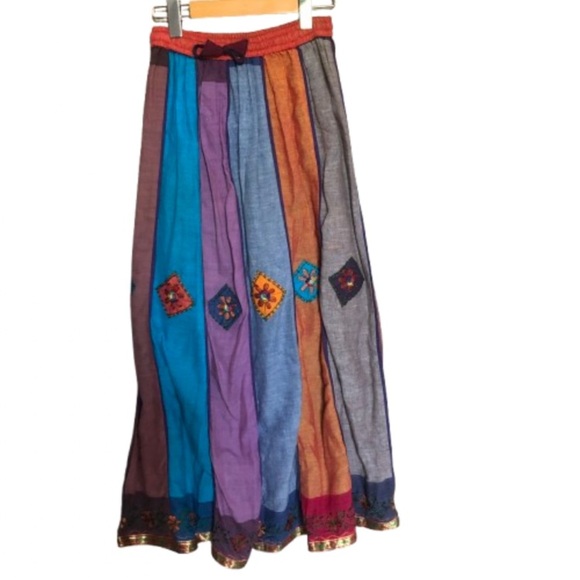 Boho Floral Patchwork Handmade Embroidered in Nepal Cotton  Maxi Skirt S-M - Picture 1 of 10